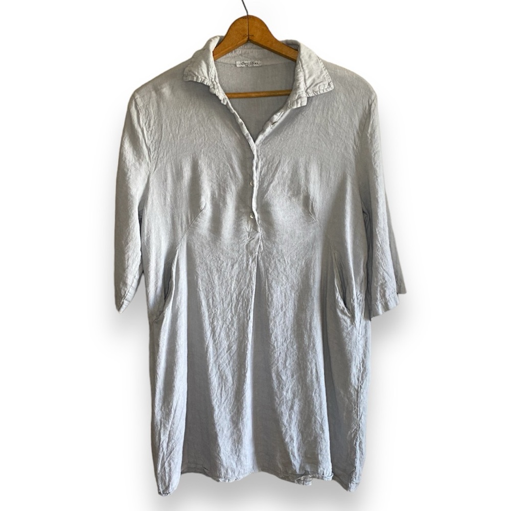 Elana Baldi 100% Linen Gray Button V-Neck Shirt Sleeve Tunic Tee Shirt Dress